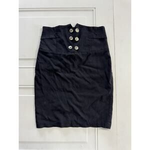 Tess Vintage Black High Waist Knee High Skirt Size Medium Button Detail